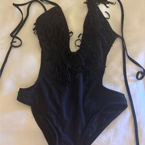L Space black one piece with fringe XS